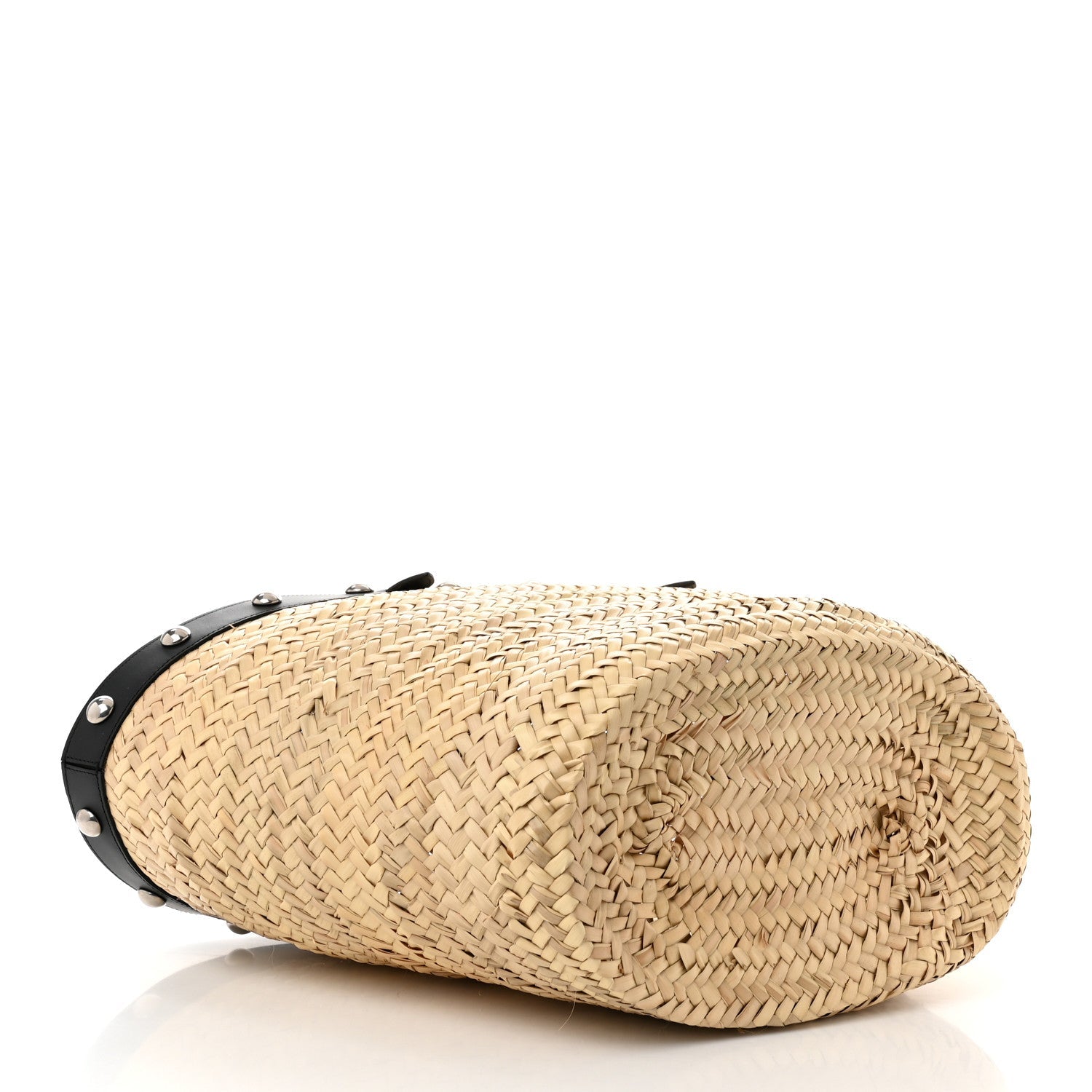 Raffia Calfskin Studs Basket Shoulder Bag Tote Black