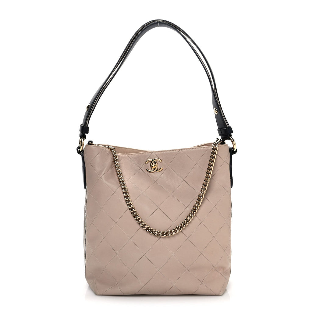 Calfskin Stitched Large Stripe Hobo Beige Black