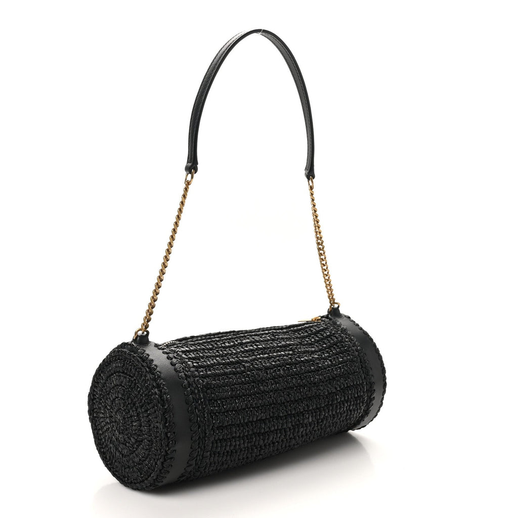 Raffia Monogram Small Cassandre Cylinder Bag Black