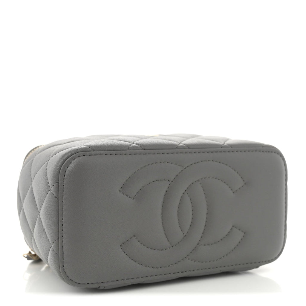 Lambskin Quilted Small Top Handle Vanity Case With Chain Dark Grey