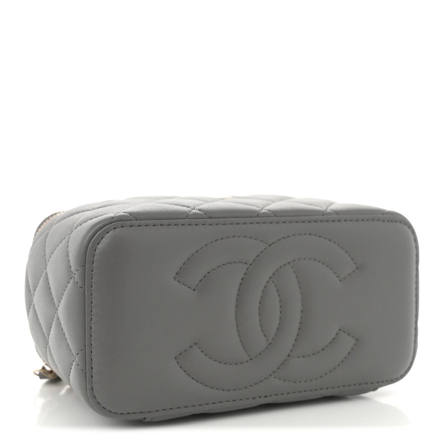 Lambskin Quilted Small Top Handle Vanity Case With Chain Dark Grey