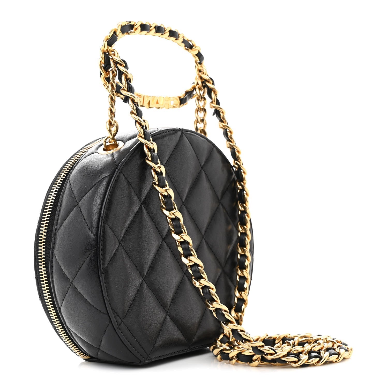 Lambskin Metal Quilted Small Top Handle Round Shoulder Bag Black