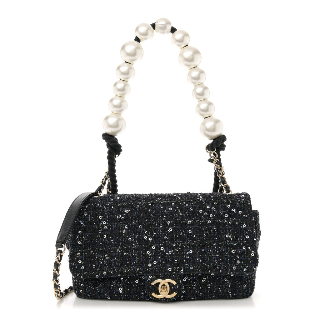 Tweed Medium Pearl Handle Flap Black Ecru