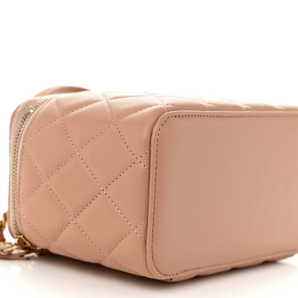 Lambskin Quilted Small Top Handle Vanity Case With Chain Beige