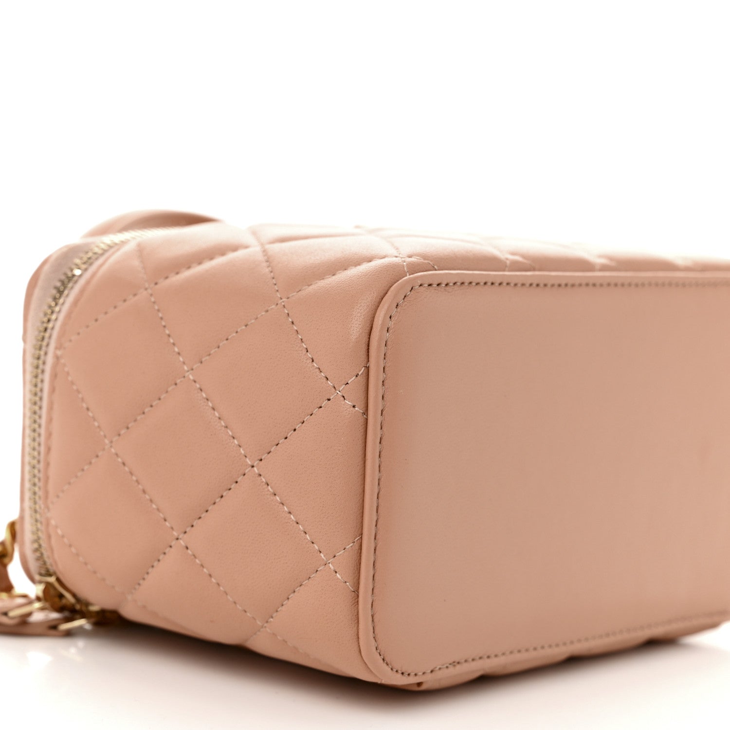 Lambskin Quilted Small Top Handle Vanity Case With Chain Beige