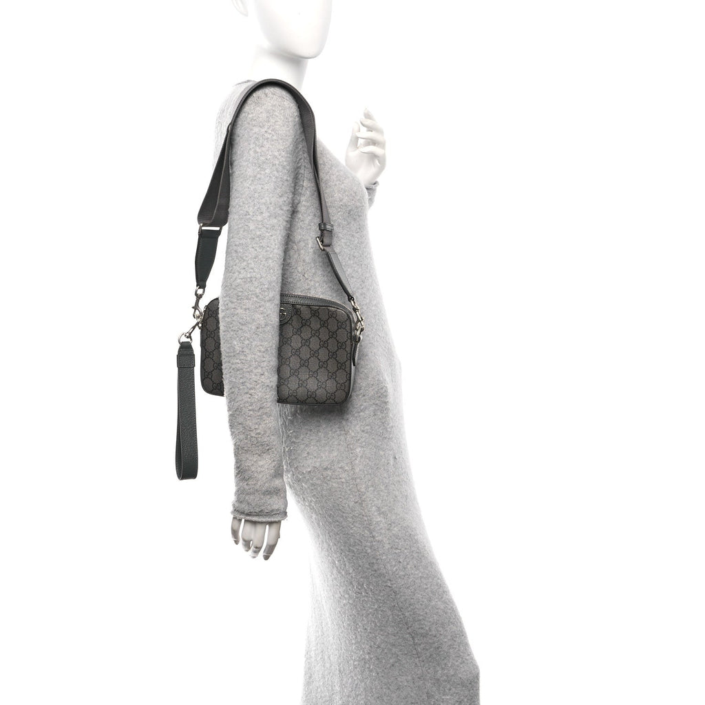 GG Supreme Monogram Textured Dollar Calfskin Web Ophidia Wristlet Shoulder Bag Grey Black Graphite Grey