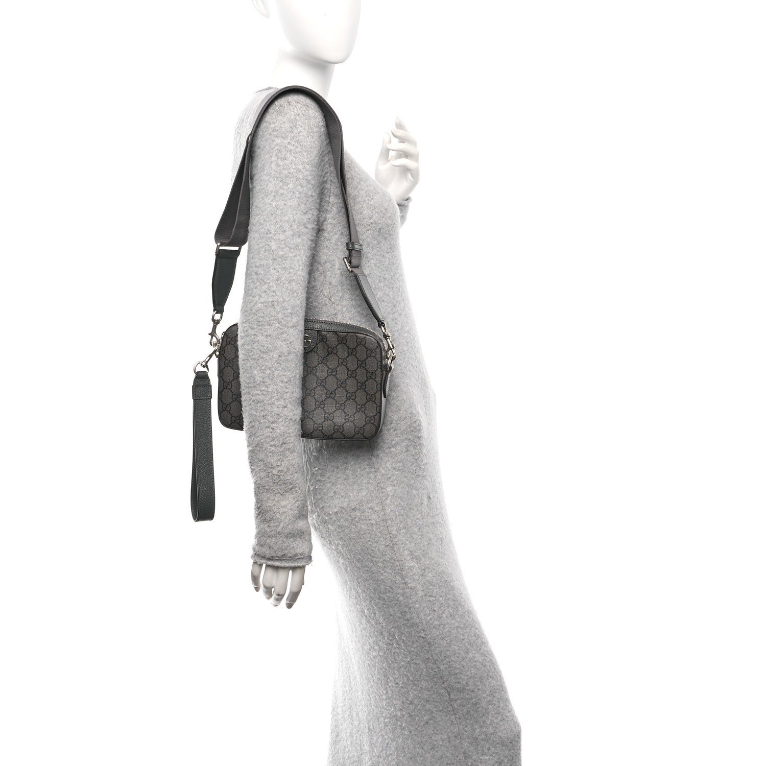 GG Supreme Monogram Textured Dollar Calfskin Web Ophidia Wristlet Shoulder Bag Grey Black Graphite Grey