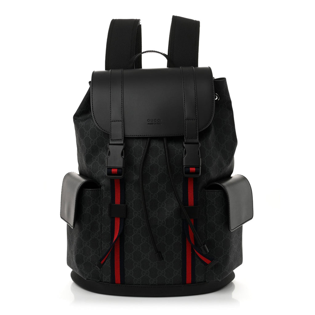 Soft GG Supreme Monogram Calfskin Web Double Buckle Backpack Black