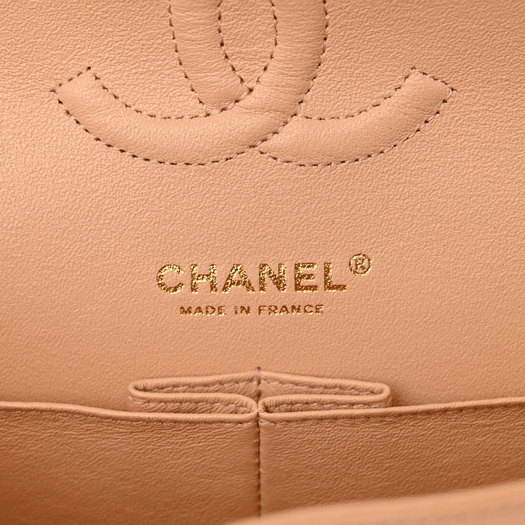 Caviar Chevron Quilted Medium Double Flap Beige