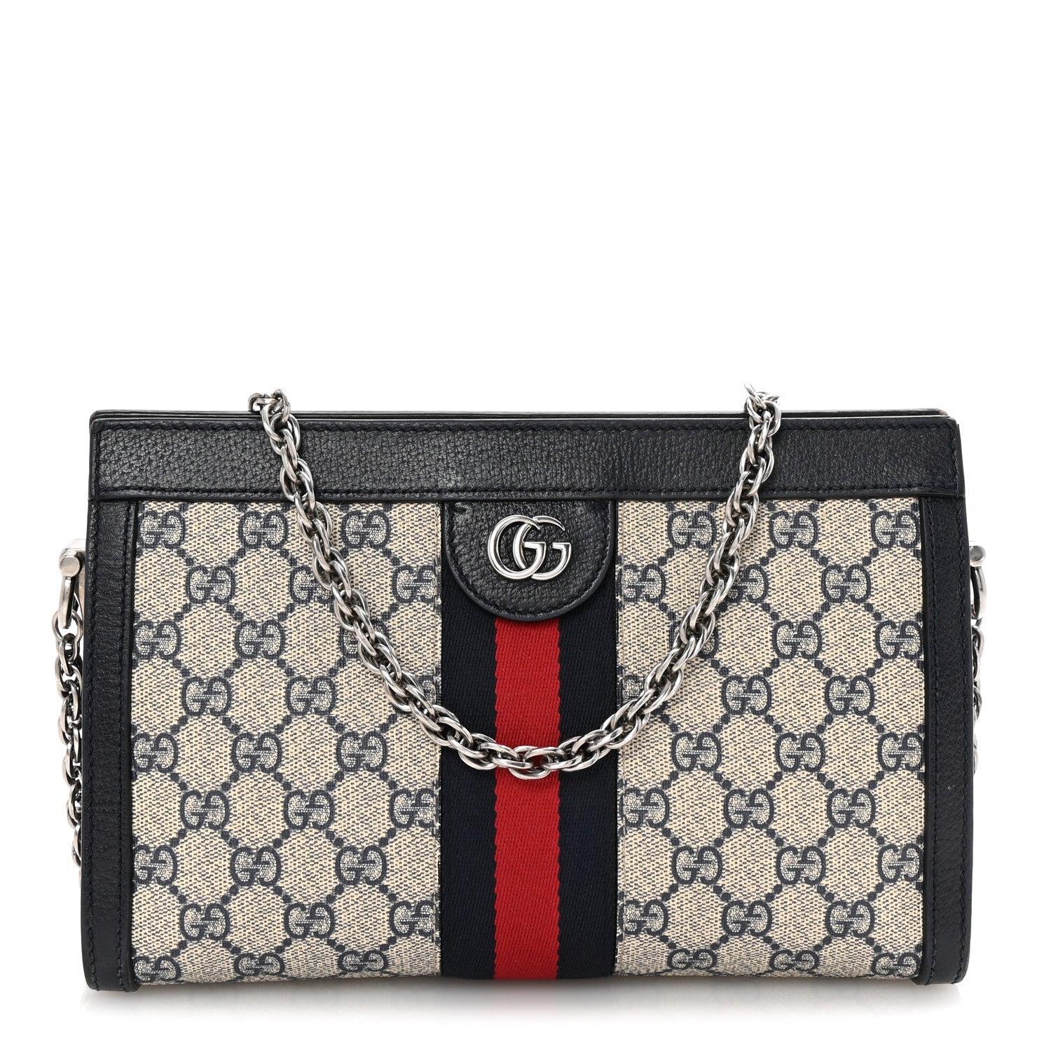 GG Supreme Monogram Textured Dollar Calfskin Web Small Ophidia Chain Shoulder Bag Beige Blue