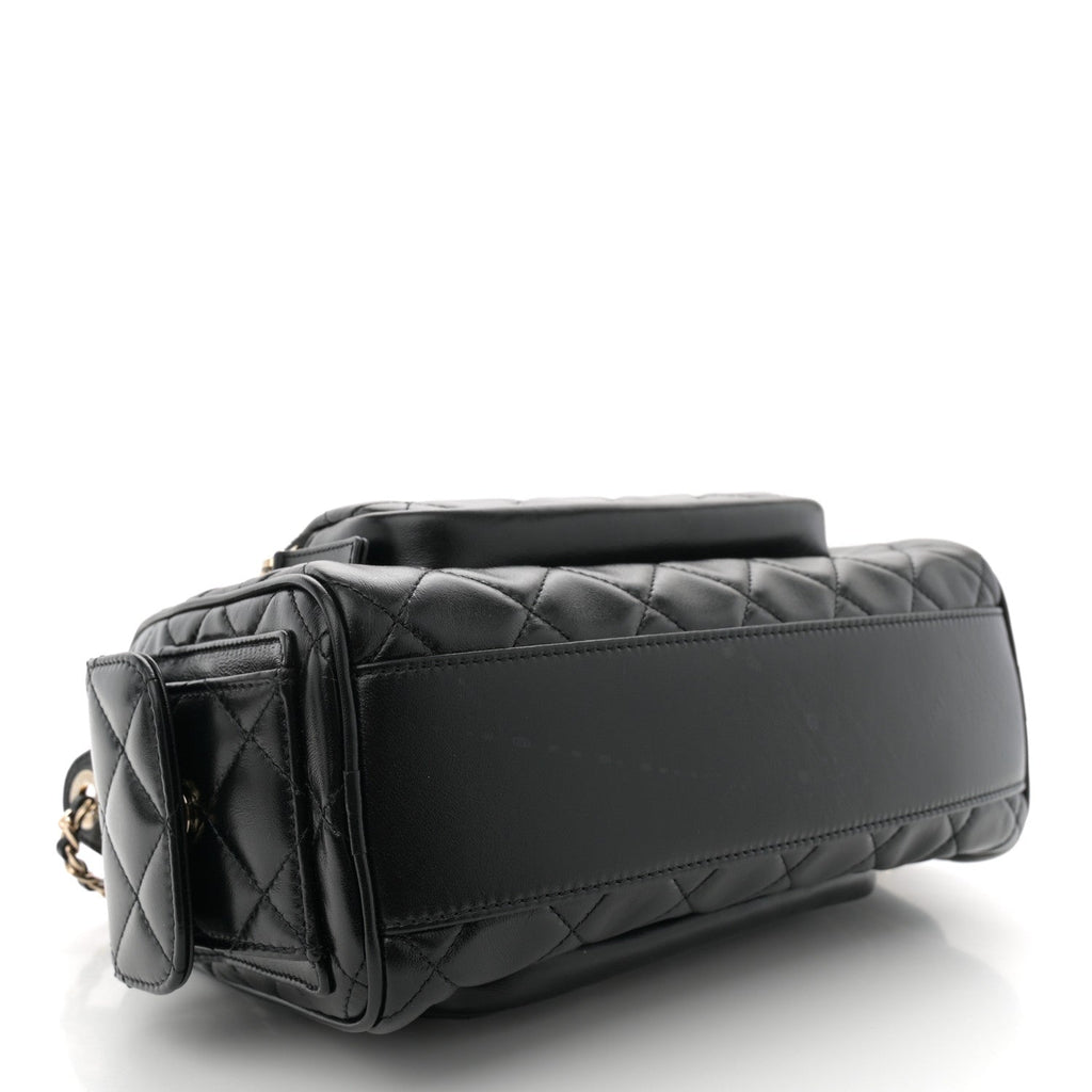 Shiny Crumpled Lambskin Quilted Medium Preppy Pocket Camera Case Black