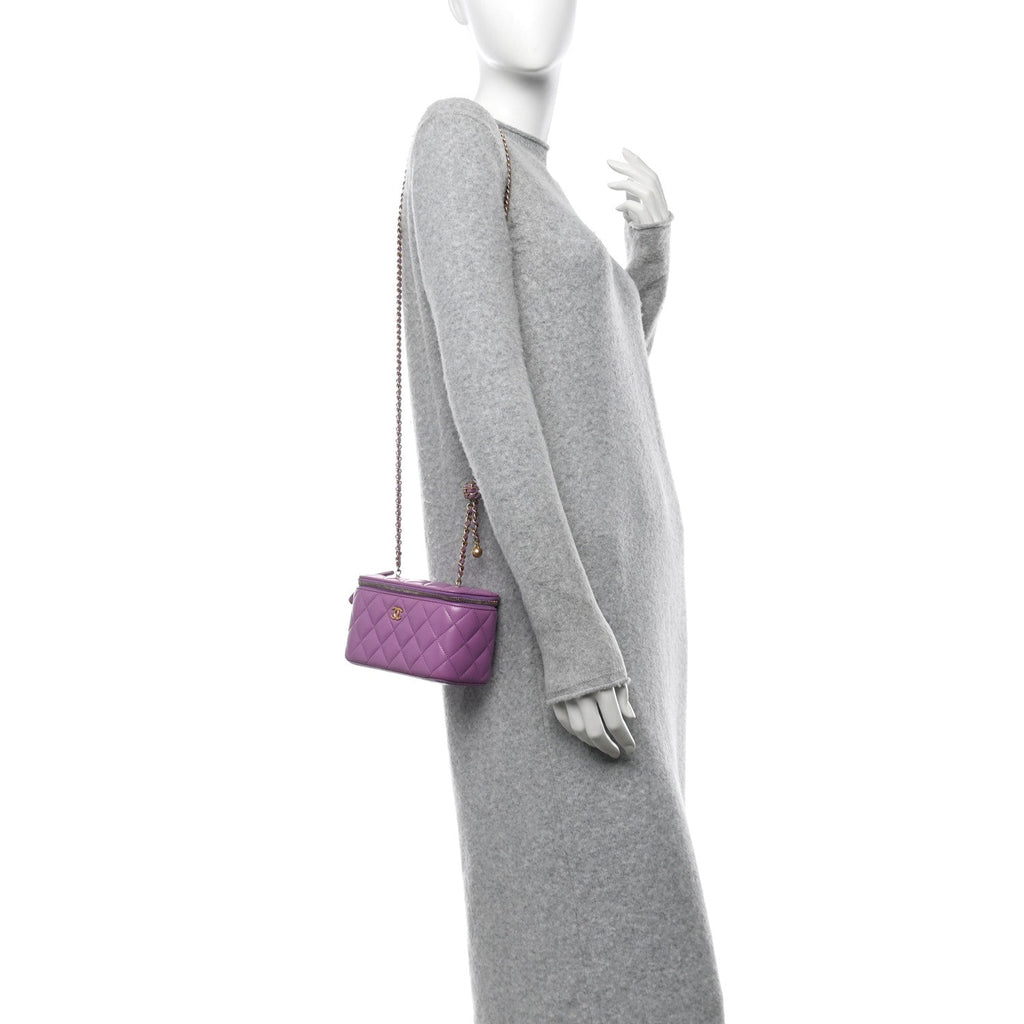 Lambskin Quilted Pearl Crush Small Vanity Case With Chain Purple
