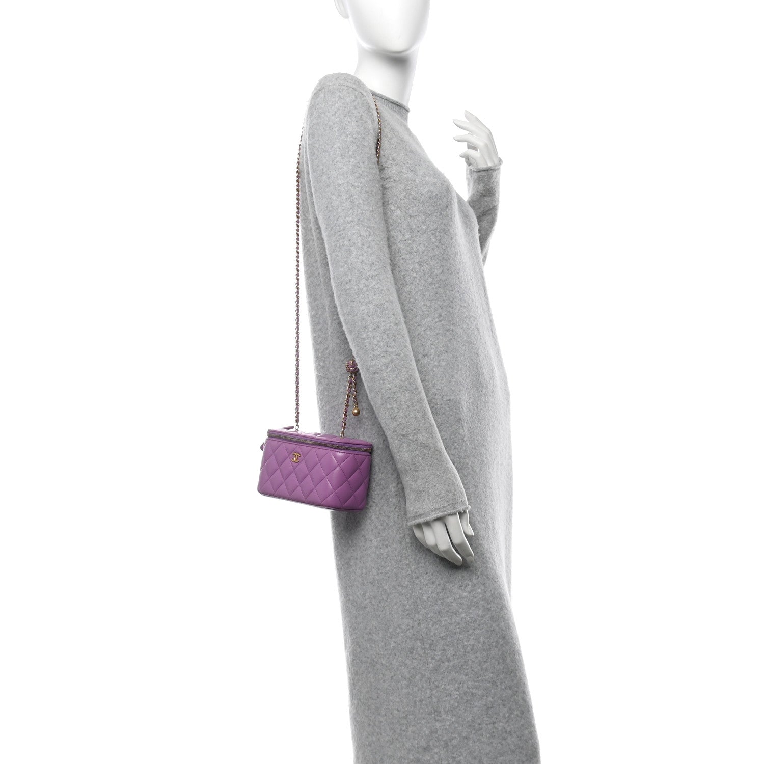 Lambskin Quilted Pearl Crush Small Vanity Case With Chain Purple