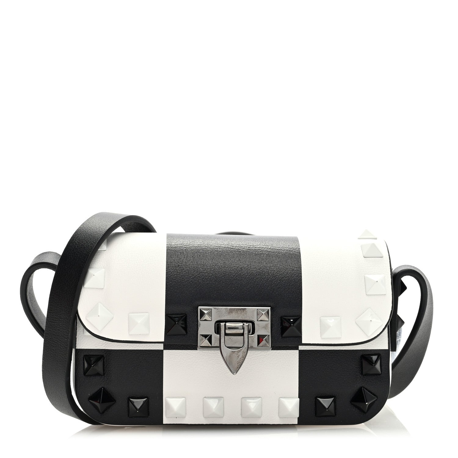 Vitello Chess Mini Rockstud Flip Lock Crossbody Bag Black White