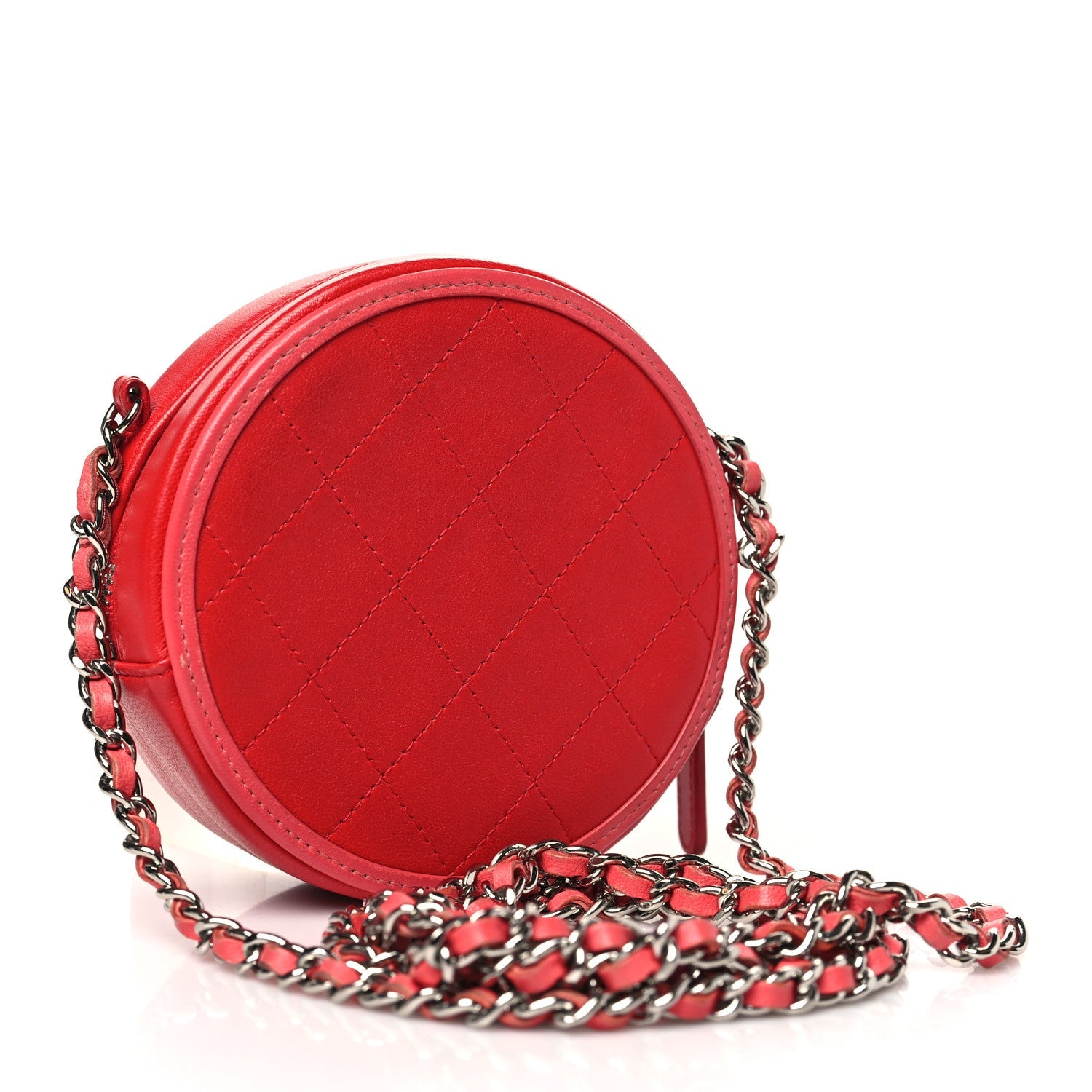 Calfskin Quilted Bi-Color CC Round Clutch With Chain Pink Red