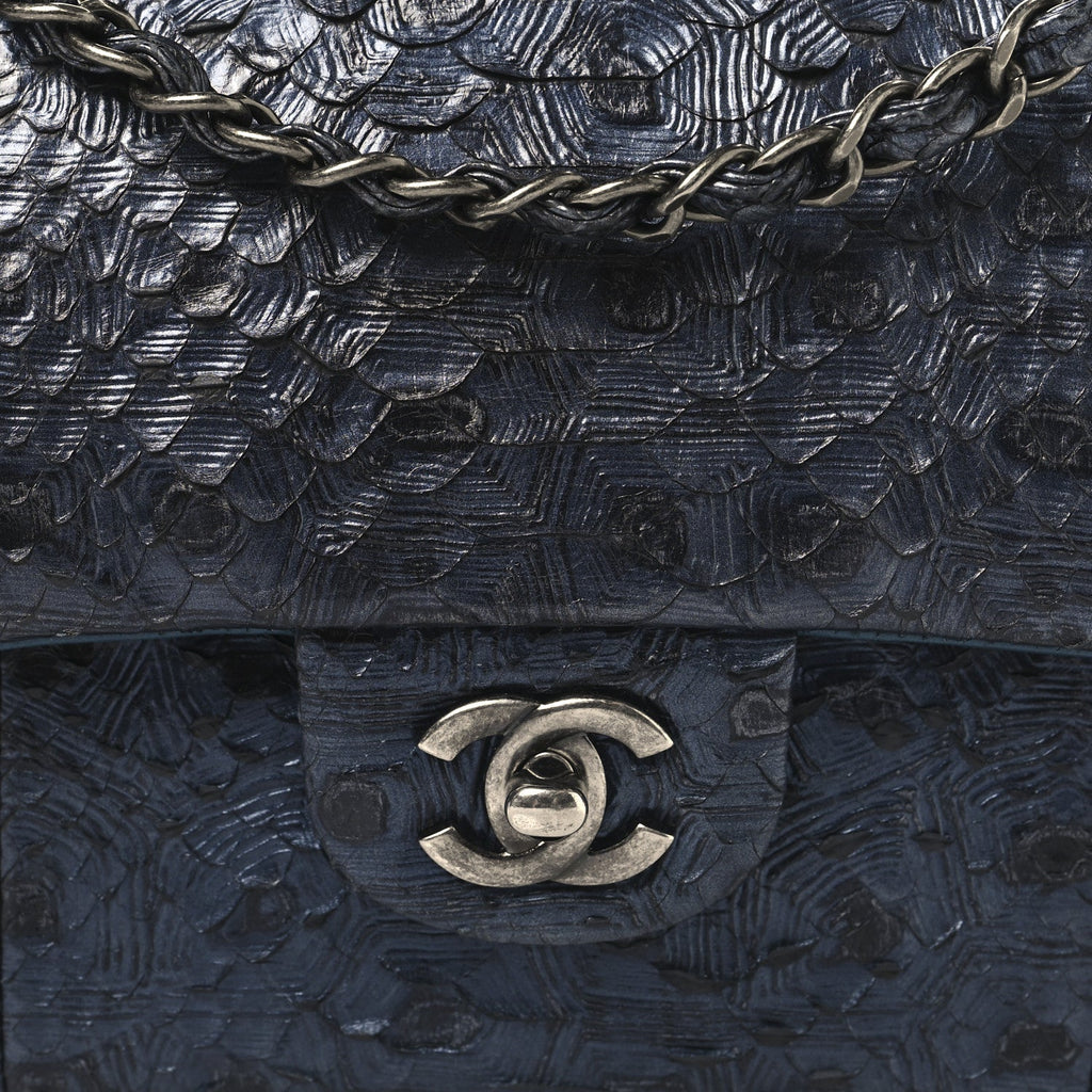Metallic Snakeskin Medium Double Flap Blue