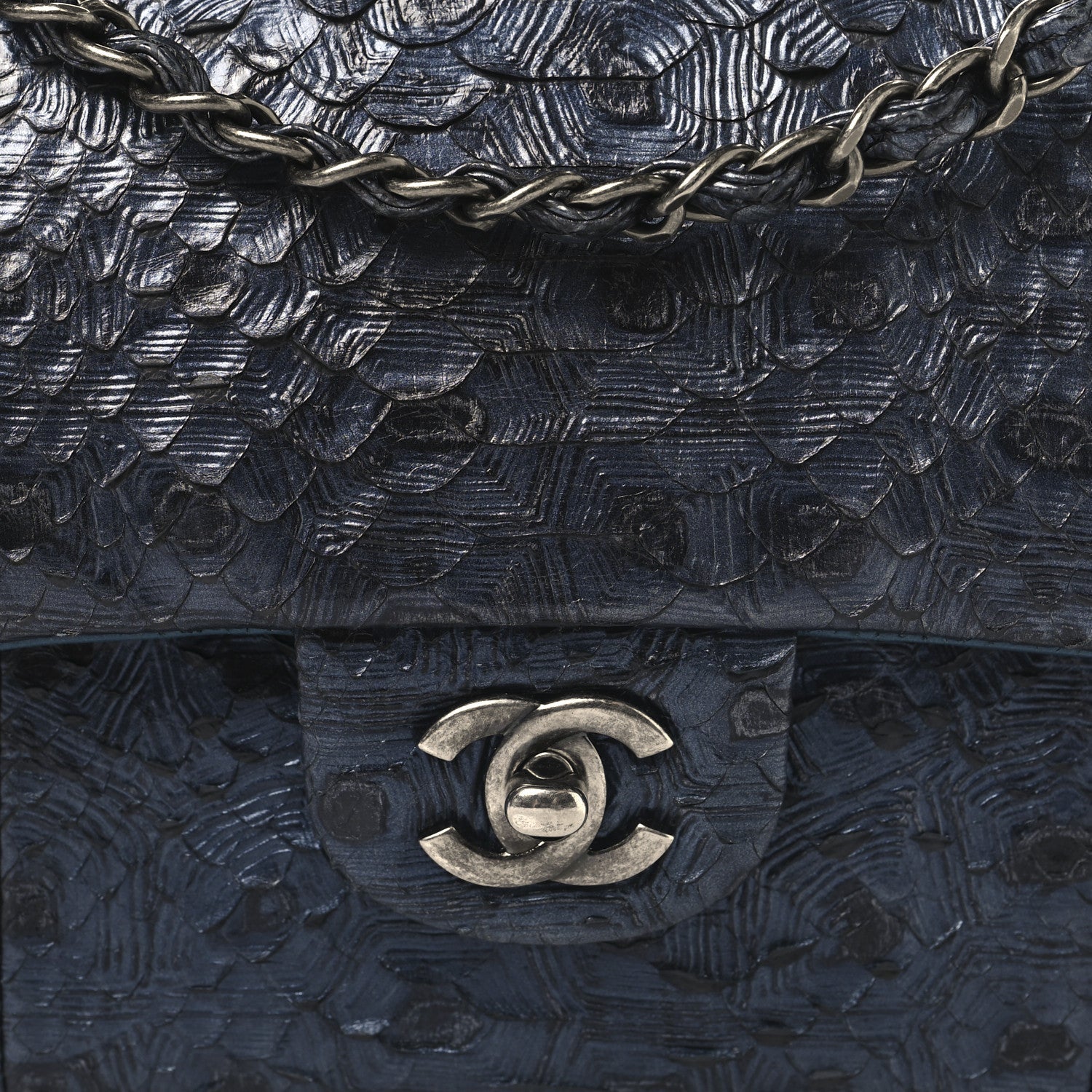Metallic Snakeskin Medium Double Flap Blue