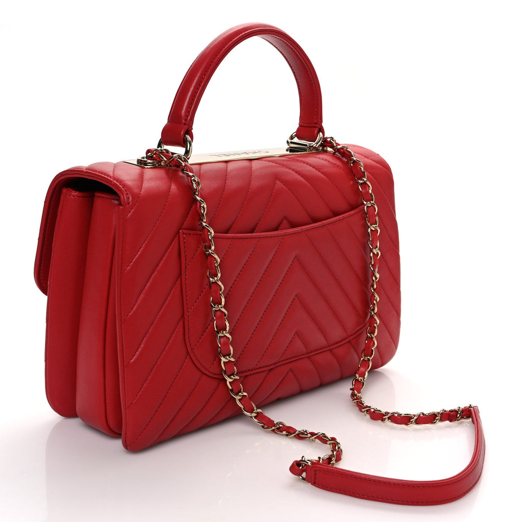 Lambskin Chevron Quilted Medium Trendy CC Dual Handle Flap Bag Red