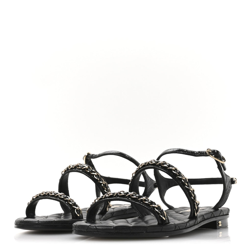 Crumpled Calfskin Chain Sandals 36 Black