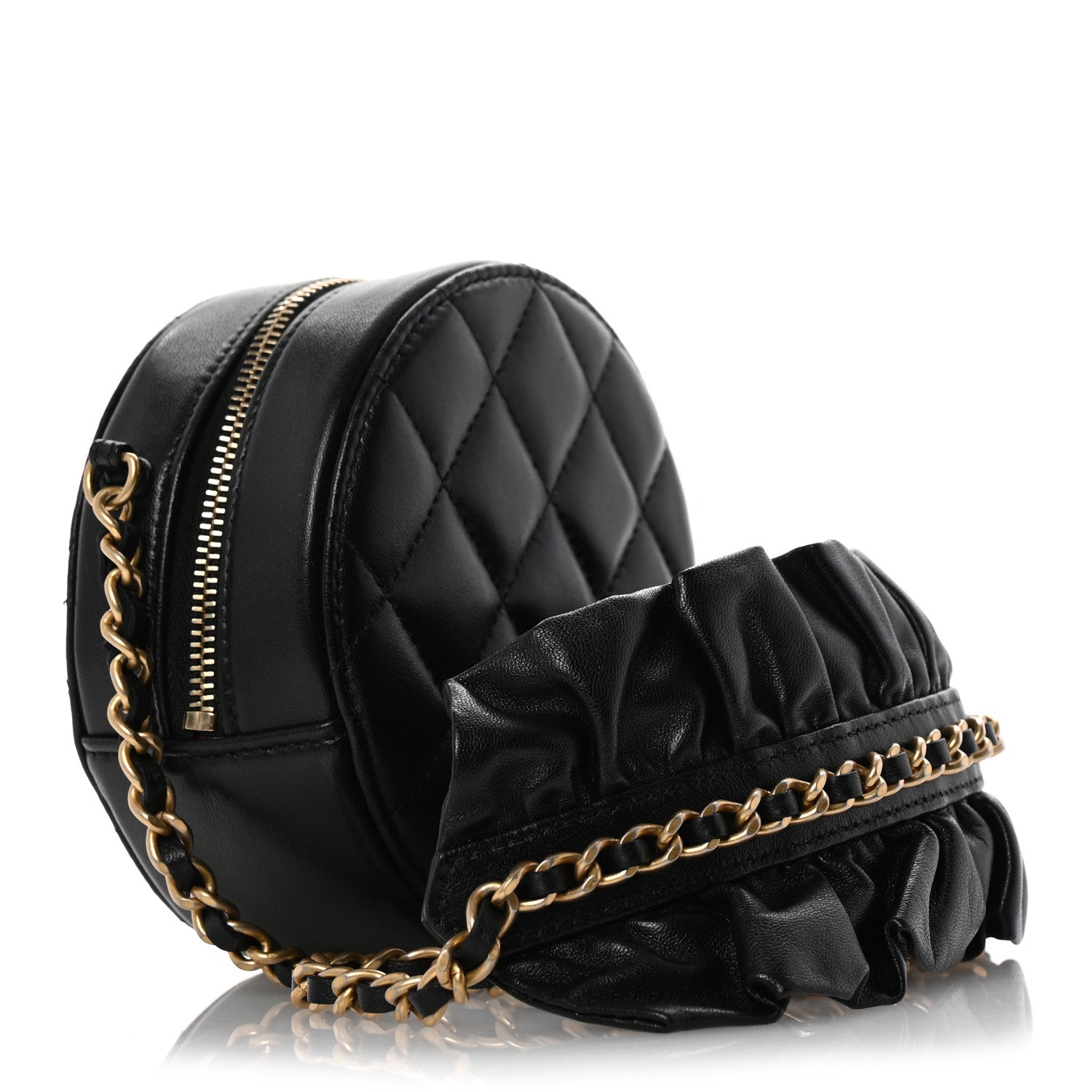 Lambskin Quilted Romance Round Clutch With Chain Black