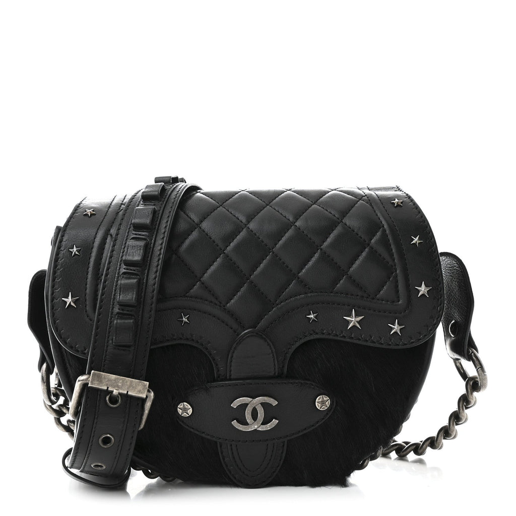 Pony Hair Calfskin Quilted Dallas Studded Saddle Bag Black