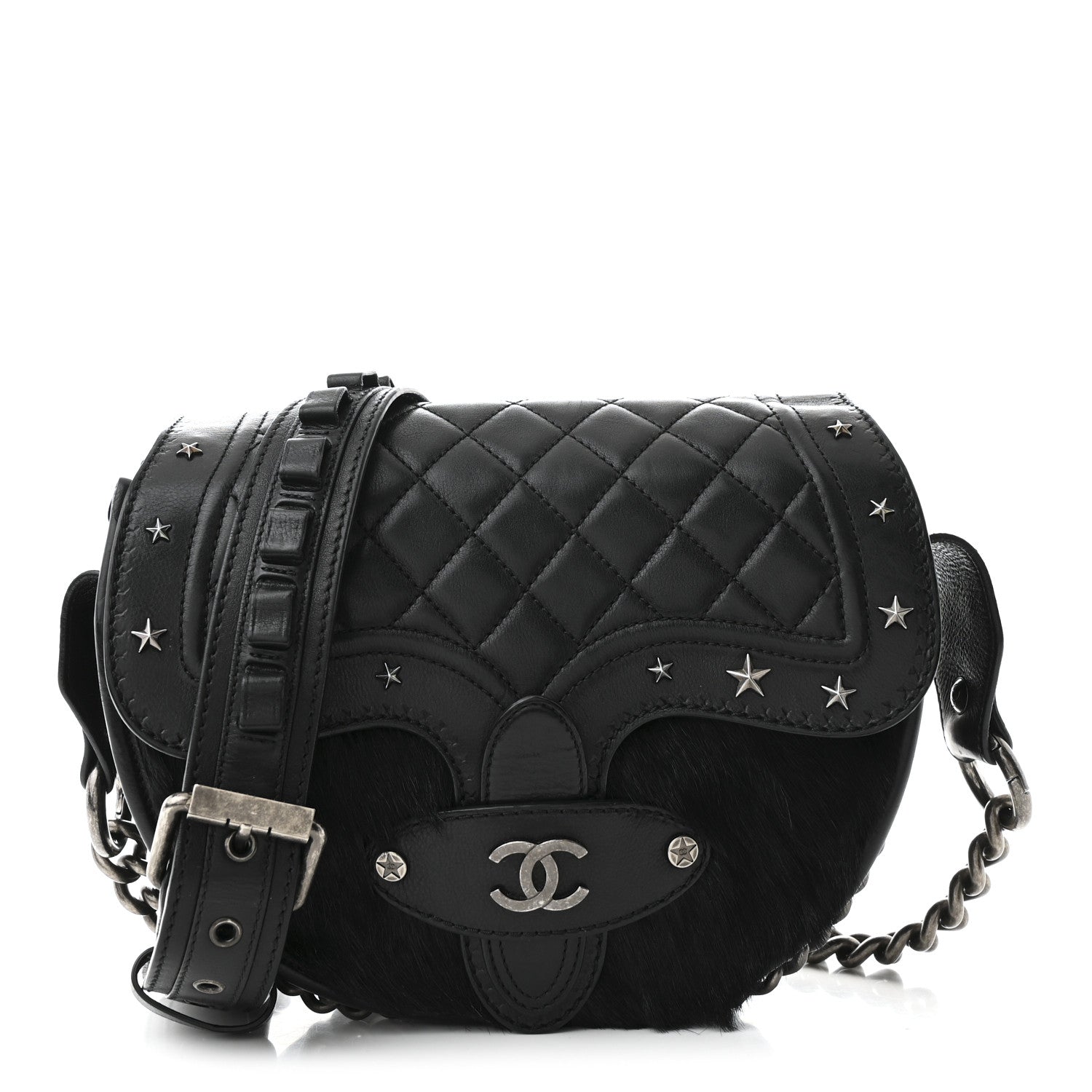Pony Hair Calfskin Quilted Dallas Studded Saddle Bag Black