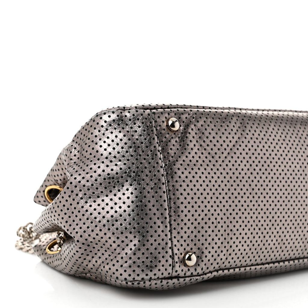 Metallic Crackled Calfskin Perforated Drill Shoulder Bag Silver