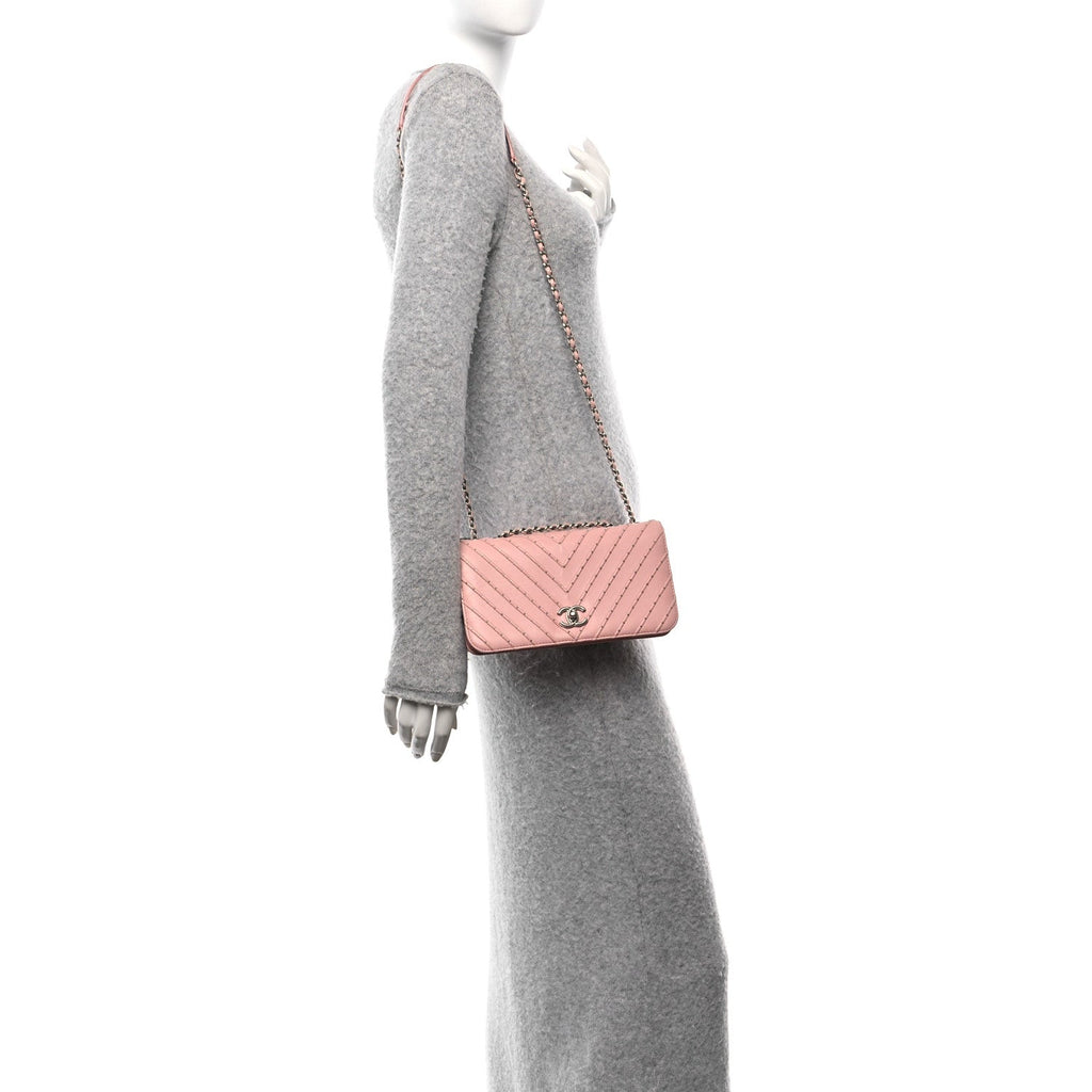 Calfskin Studded Chevron Quilted Flap Pink