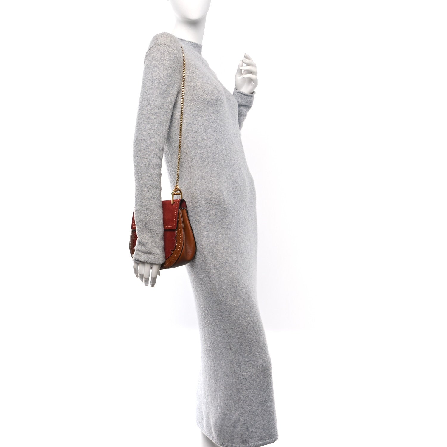 Suede Smooth Calfskin Studded Mini Drew Shoulder Bag Sienna Red Brown