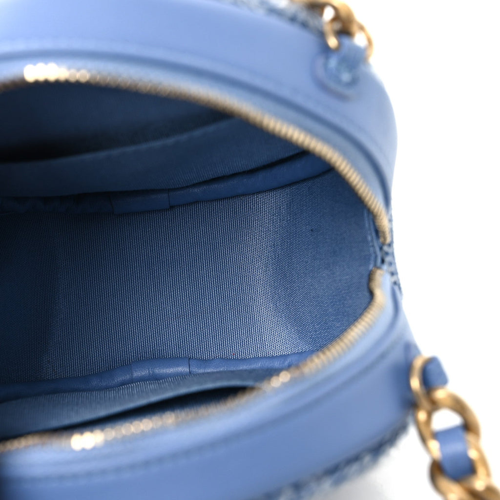 Sequin Chanel 19 Round Clutch With Chain Light Blue