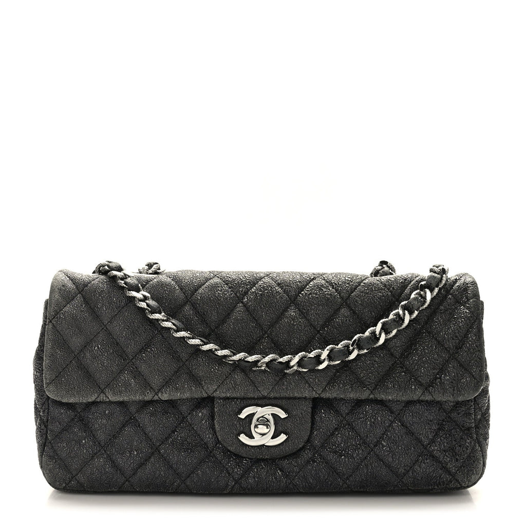 Metallic Crackled Calfskin Quilted East West Flap Navy