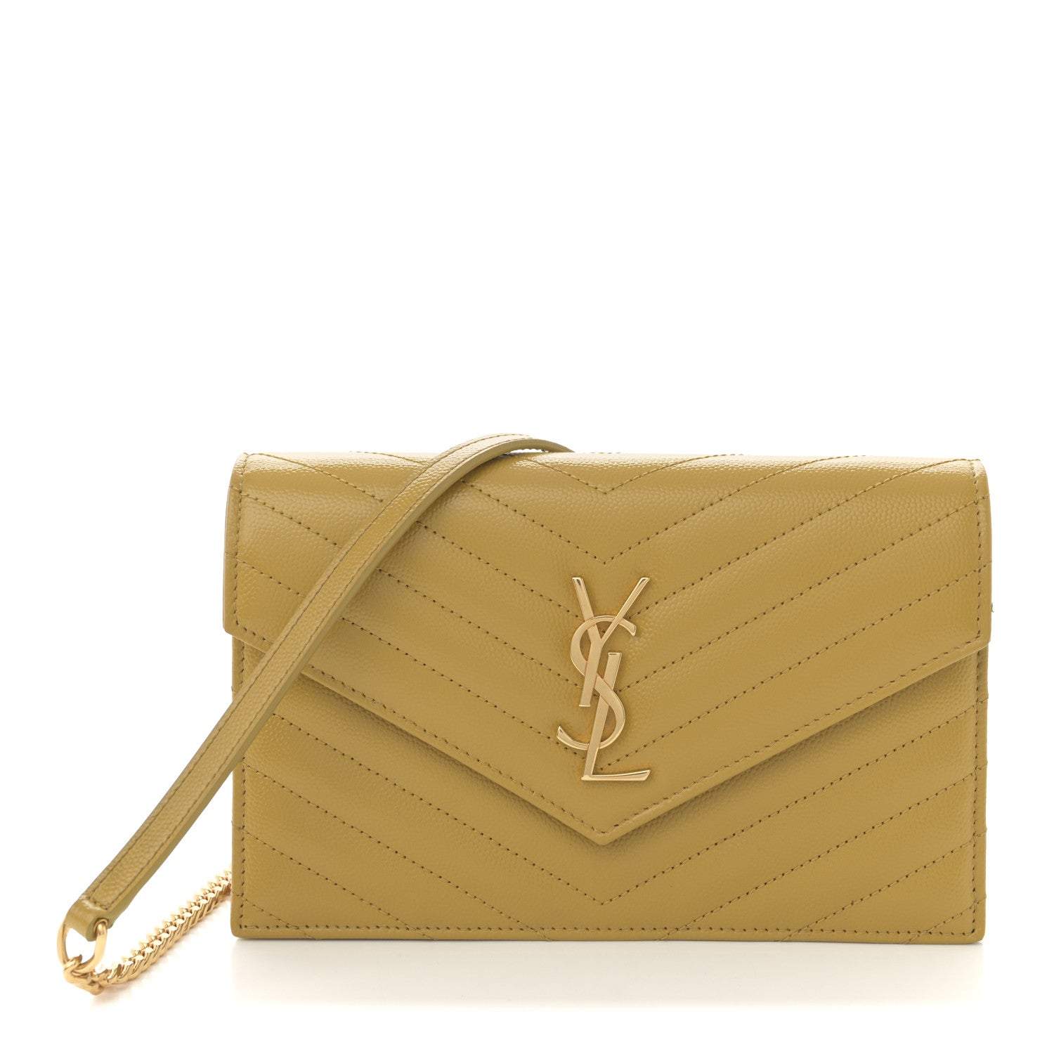 Grain De Poudre Matelasse Chevron Monogram Envelope Chain Wallet Light Chartreuse