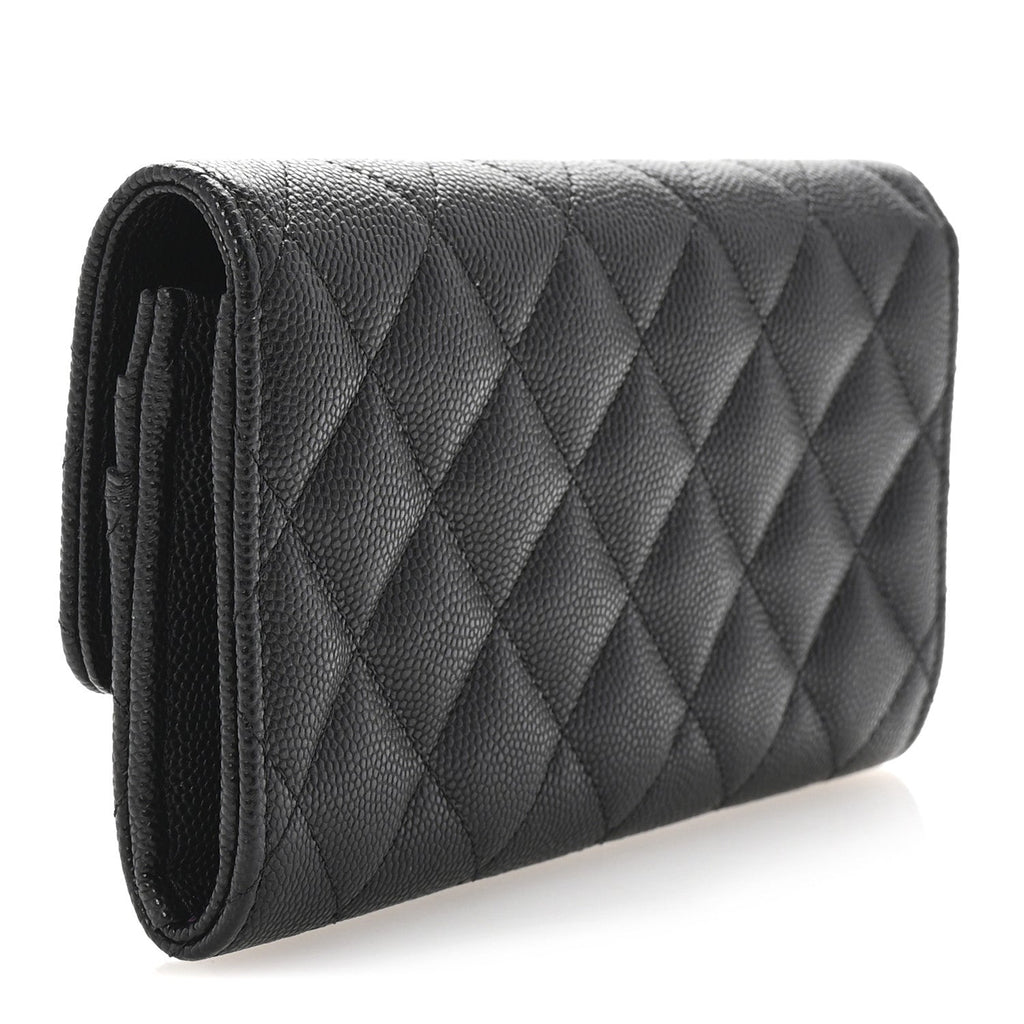 Caviar Quilted Textured CC Flap Wallet Black