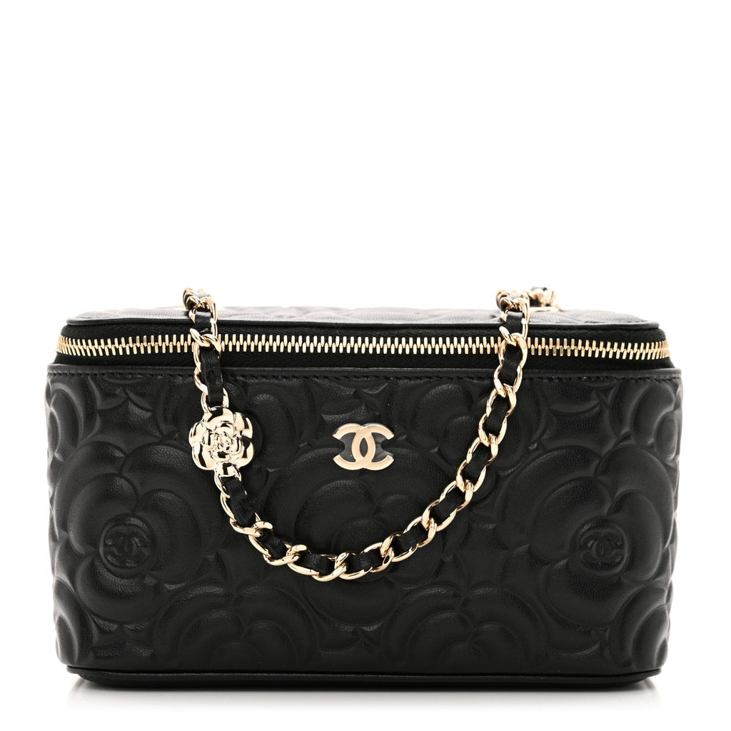 Lambskin Camellia Embossed Small Vanity Case With Chain Black