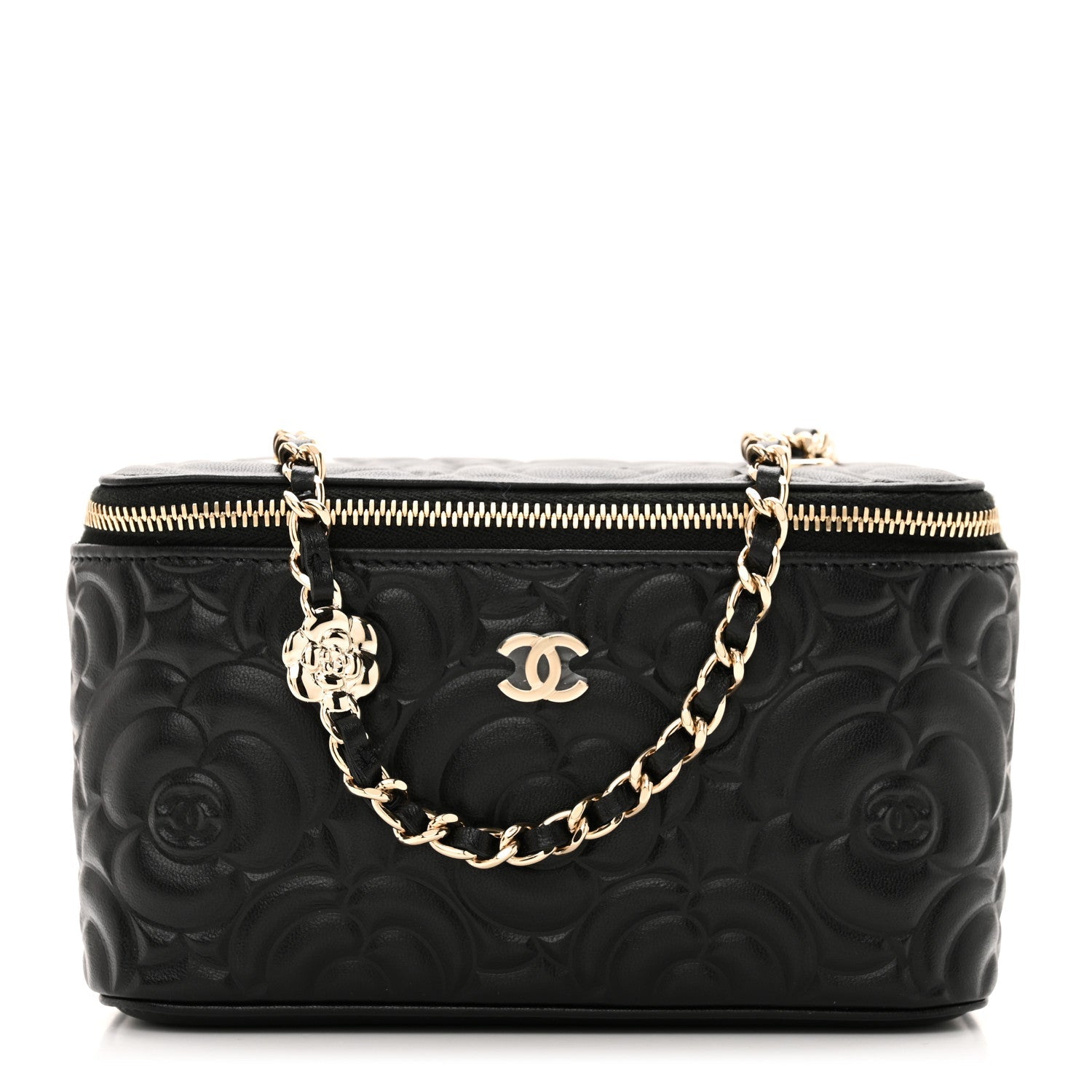Lambskin Camellia Embossed Small Vanity Case With Chain Black