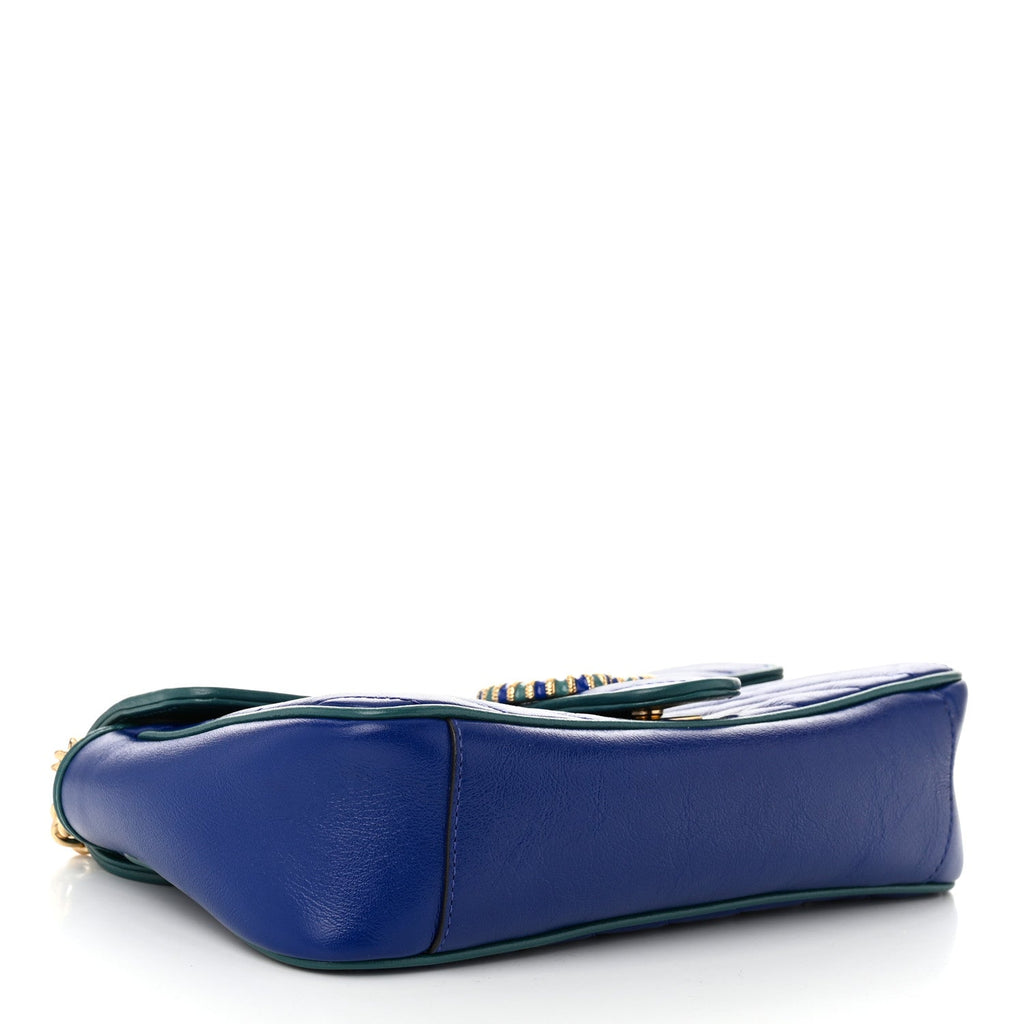 Azalea Calfskin Enamel Matelasse Diagonal Small Torchon GG Marmont Shoulder Bag Imperial Blue Pavone