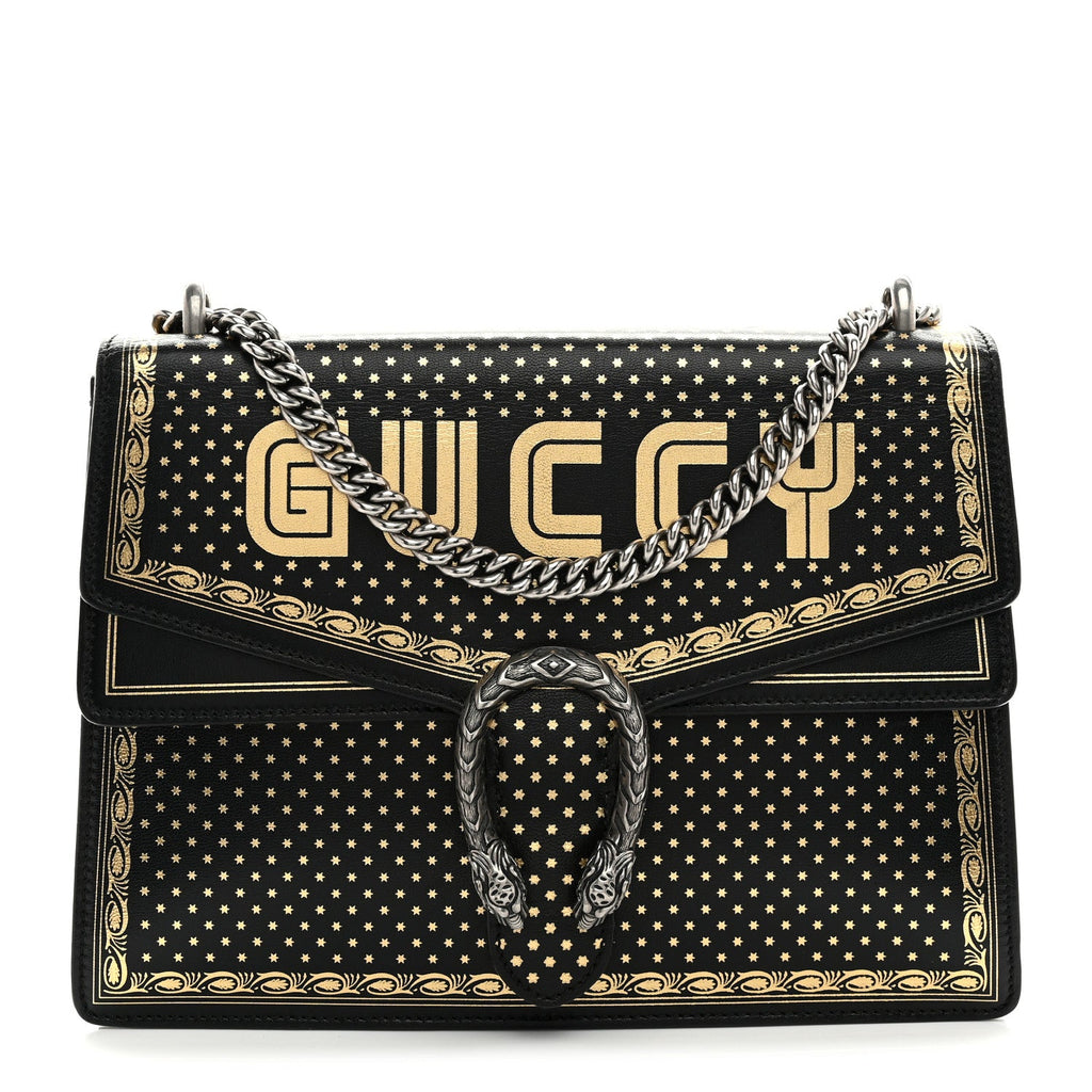 X SEGA Calfskin GUCCY Stars Medium Dionysus Shoulder Bag Black Gold