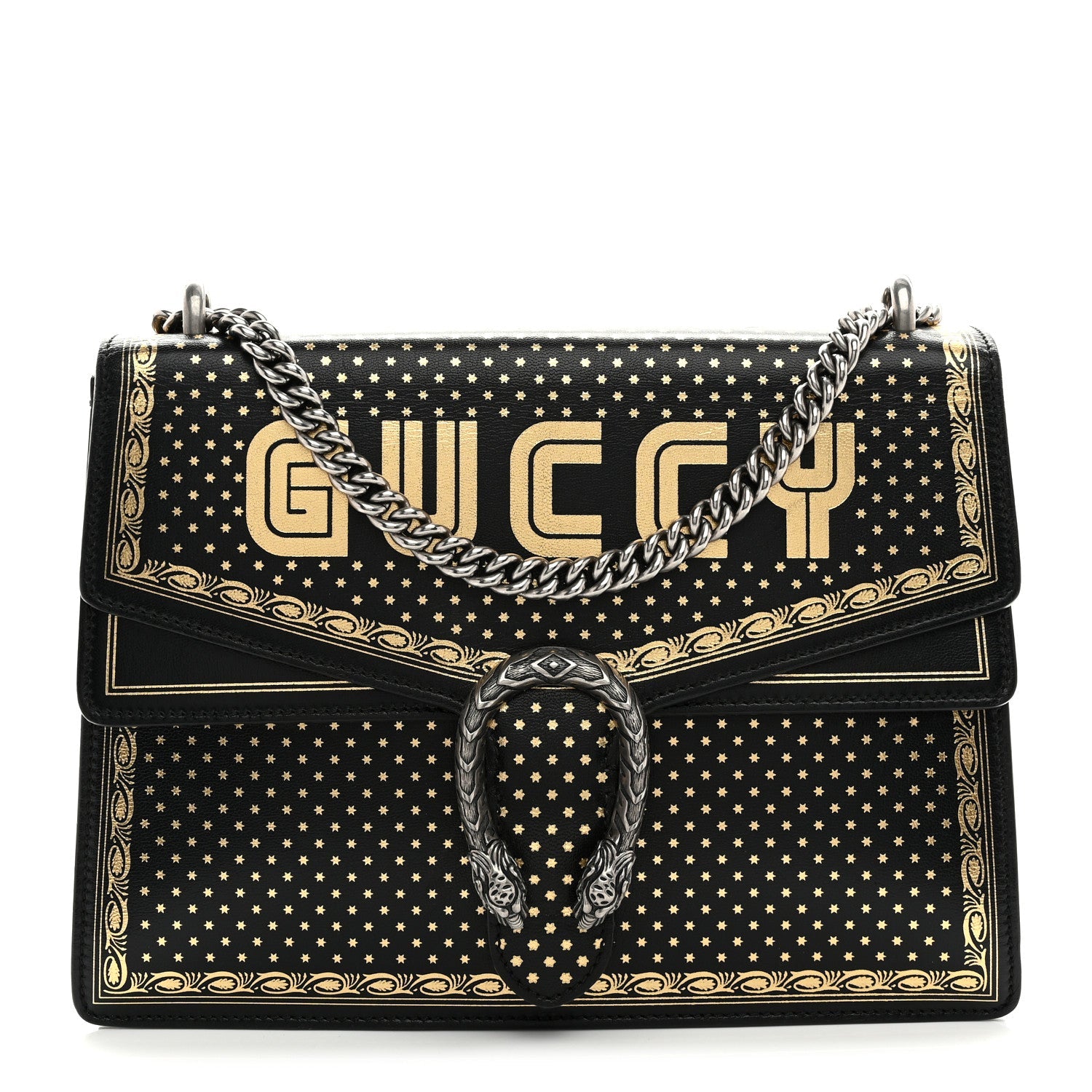 X SEGA Calfskin GUCCY Stars Medium Dionysus Shoulder Bag Black Gold