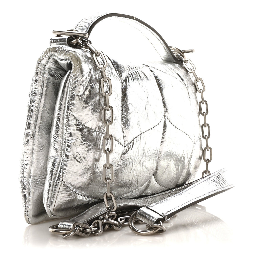 Metallic Crinkled Nappa Pillow Quilted Tiny Softie Bag Silver