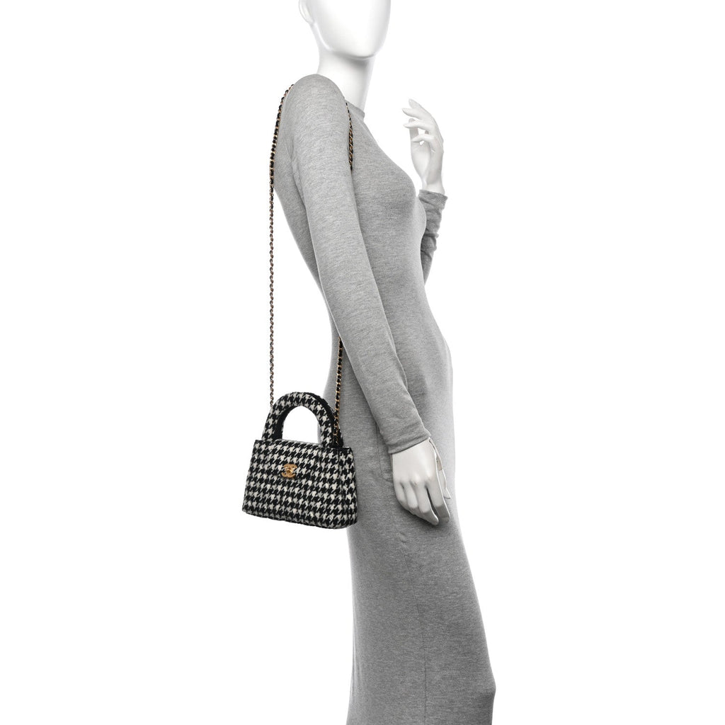 Tweed Houndstooth Quilted Nano Kelly Shopper Black White