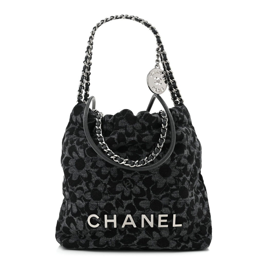 Denim Quilted Floral Print Mini Chanel 22 Black Grey