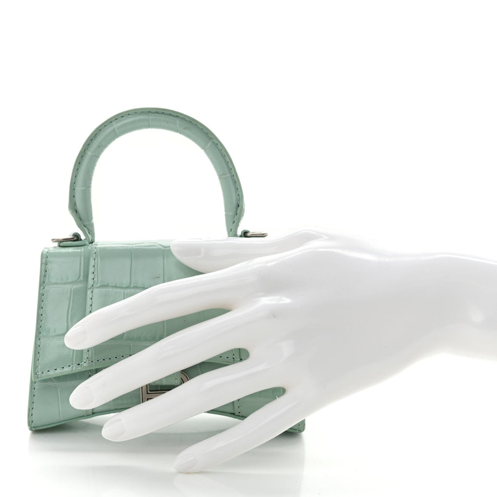 Shiny Calfskin Crocodile Embossed Hourglass Top Handle Bag Mini with Chain Green Acqua