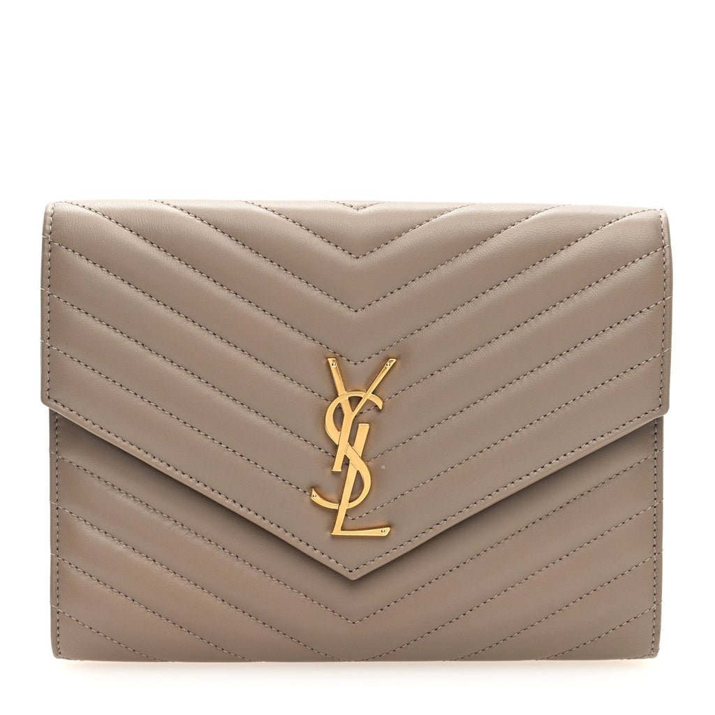 Lambskin Matelasse Chevron Monogram Cassandre Flap Pouch Dusty Grey