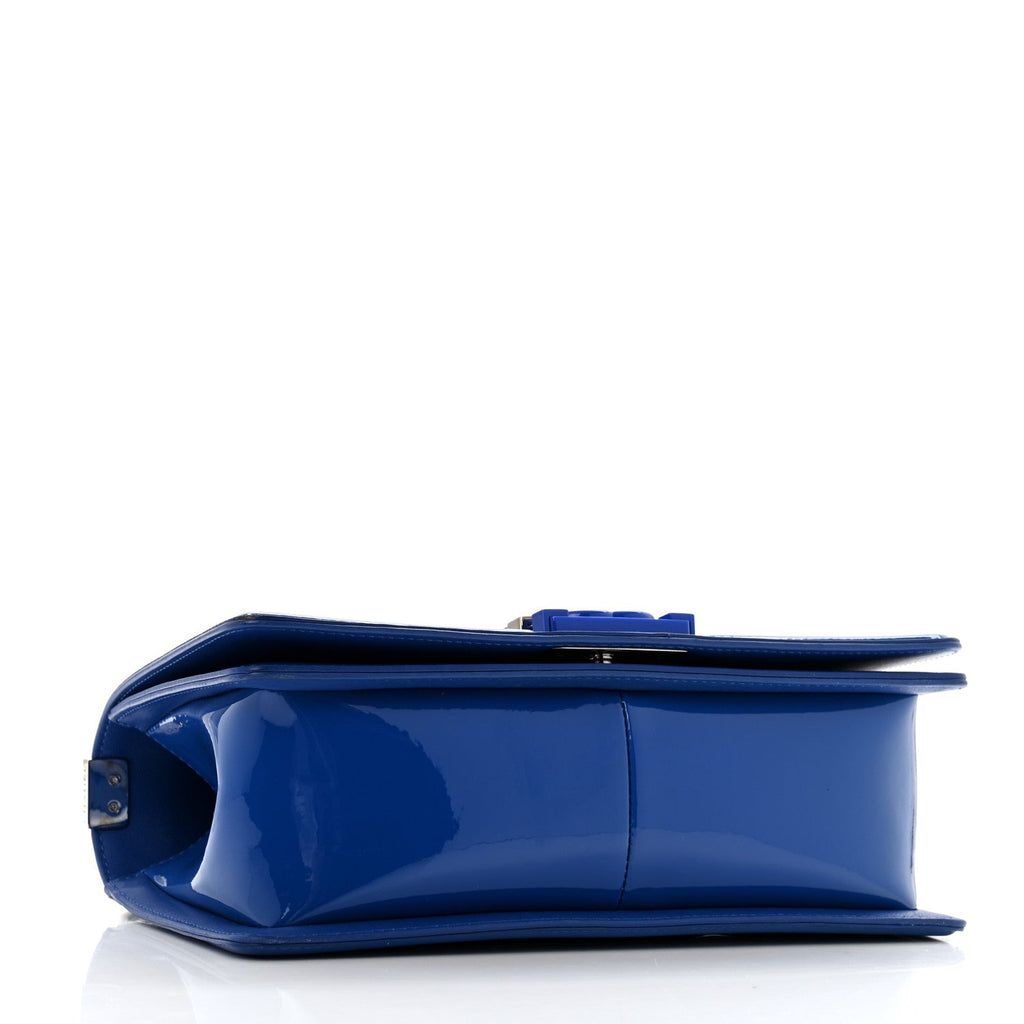 Patent Calfskin Quilted Medium Plexiglass Boy Flap Blue