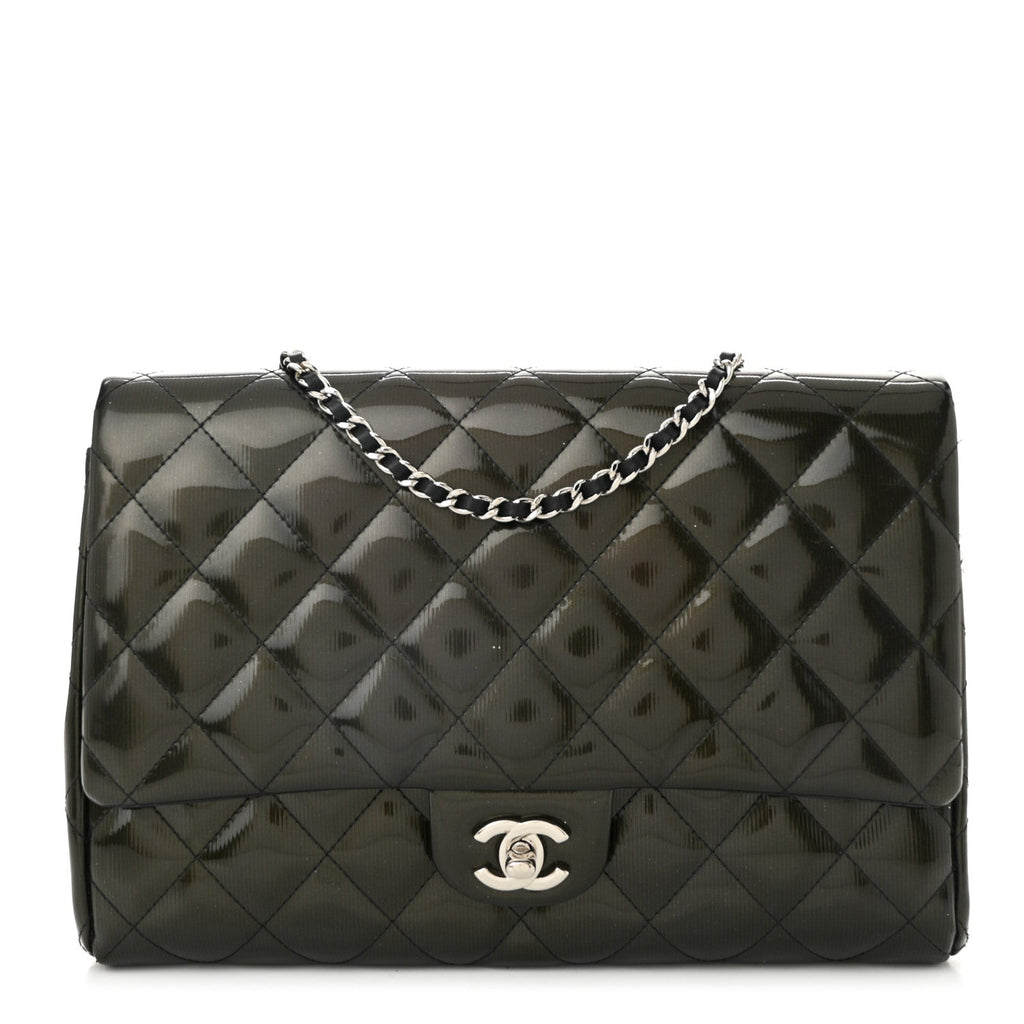 Striated Patent Quilted Clutch With Chain Flap Dark Grey