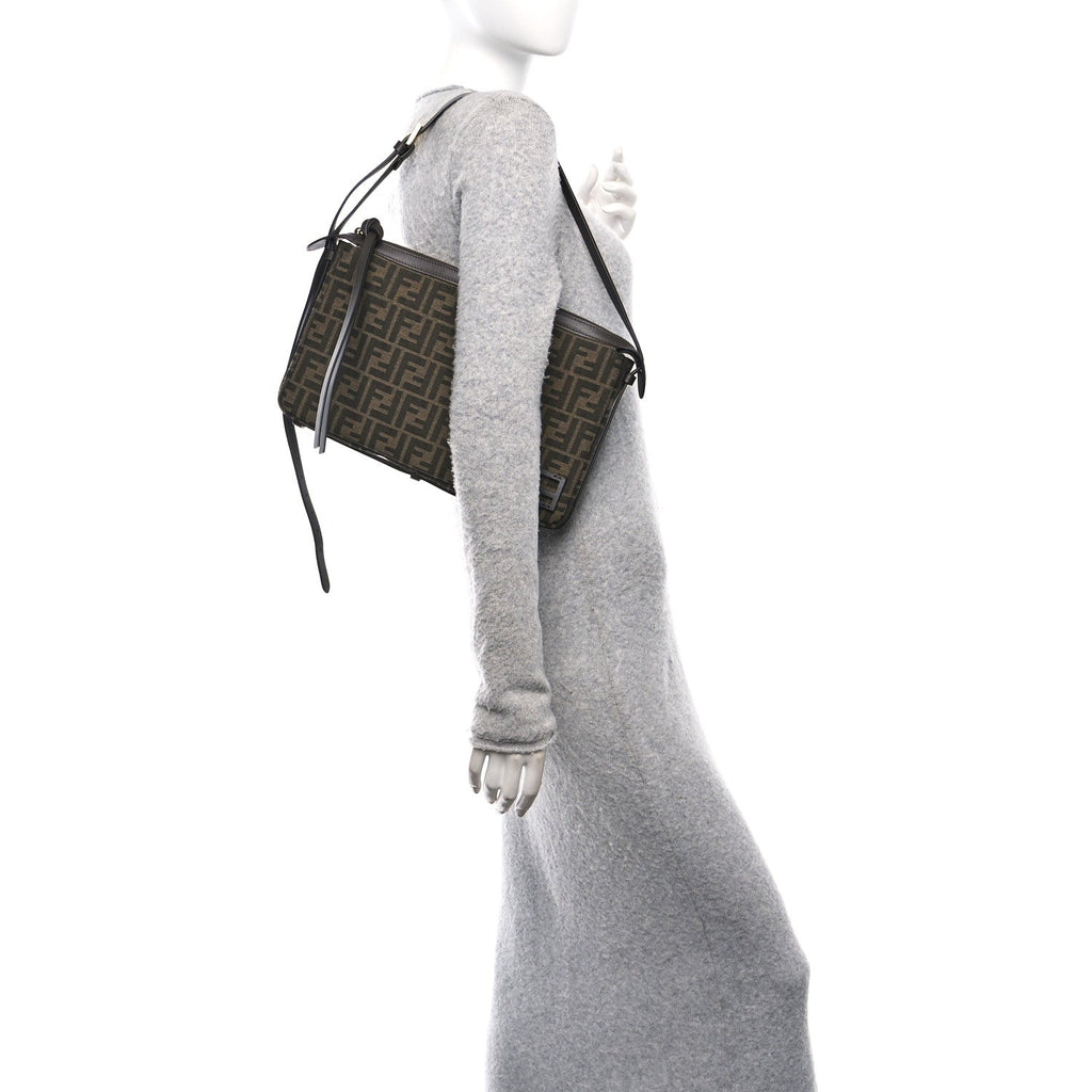 Fabric Jacquard Vitello Grace FF 1974 Medium Simply Fendi Shoulder Bag Tobacco Moro Ebano