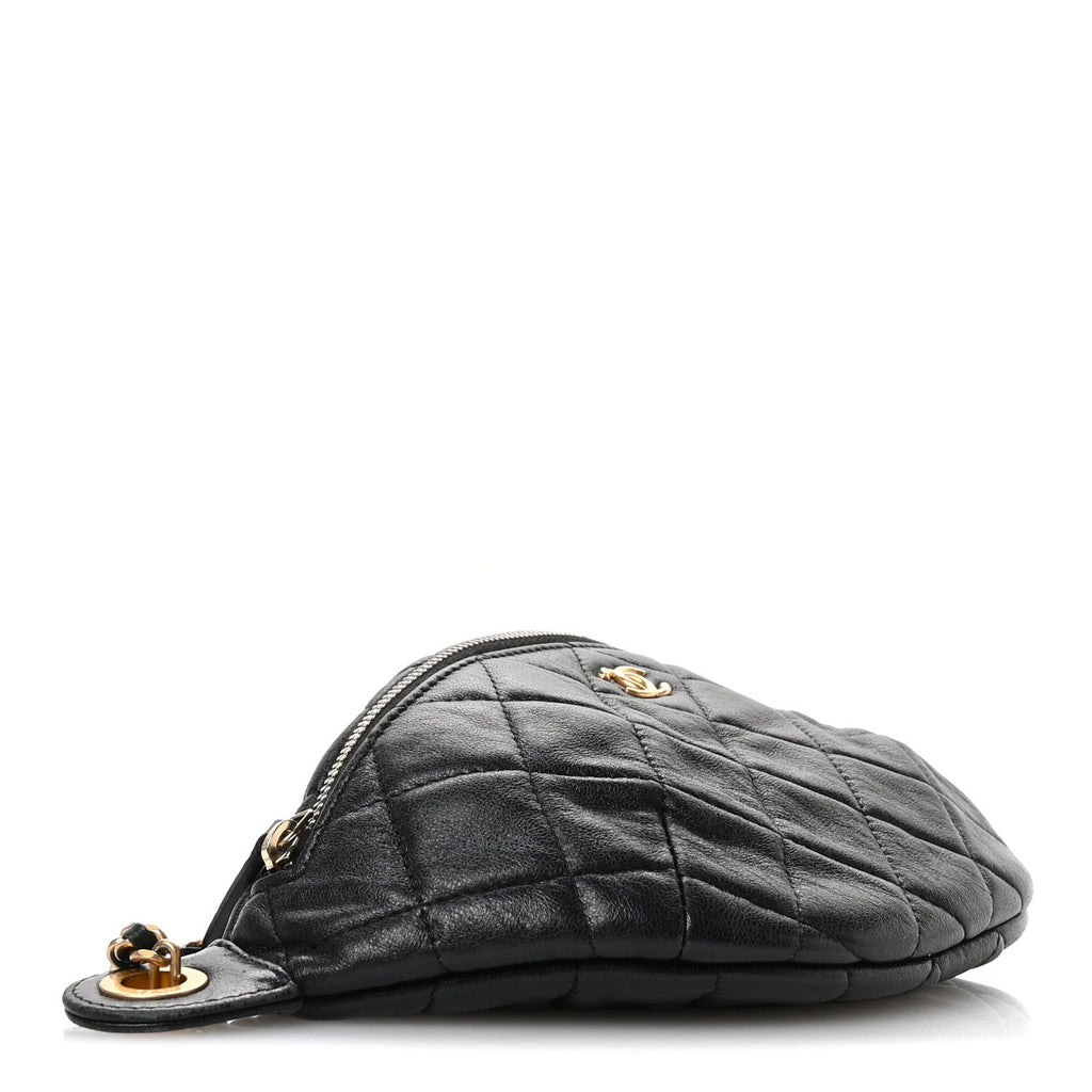 Shiny Lambskin Quilted Pearl Crush Belt Bag Black