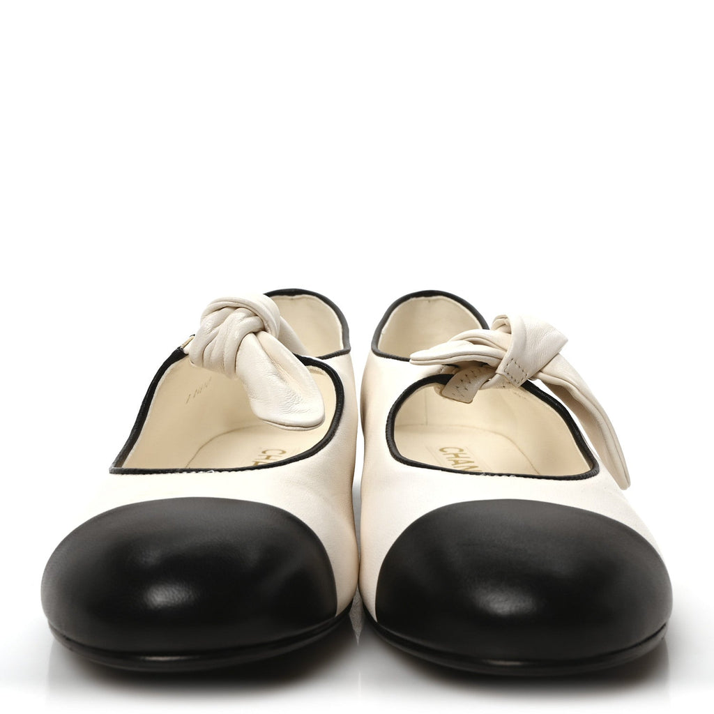 Lambskin Bow Mary Jane Flats 39.5 White Black