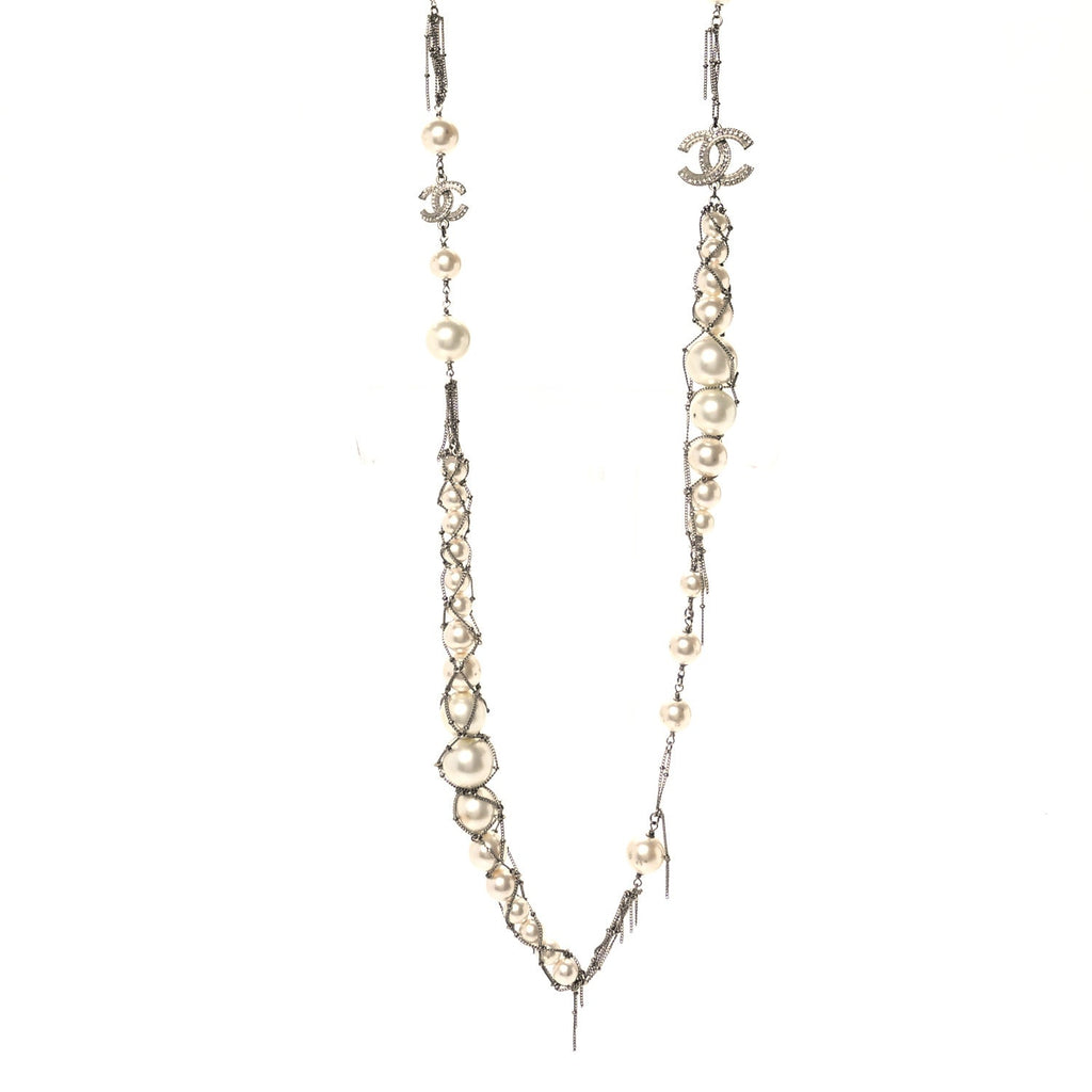 Crystal Pearl Multi Strand Chain CC Long Necklace Silver