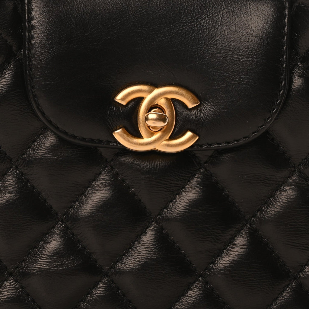 Shiny Aged Calfskin Quilted Nano Kelly Shopper Black